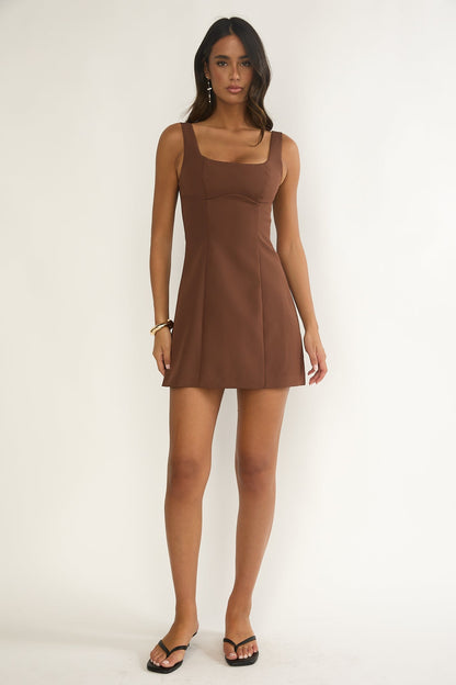 Saryna Square Neckline Mini Dress Coffee