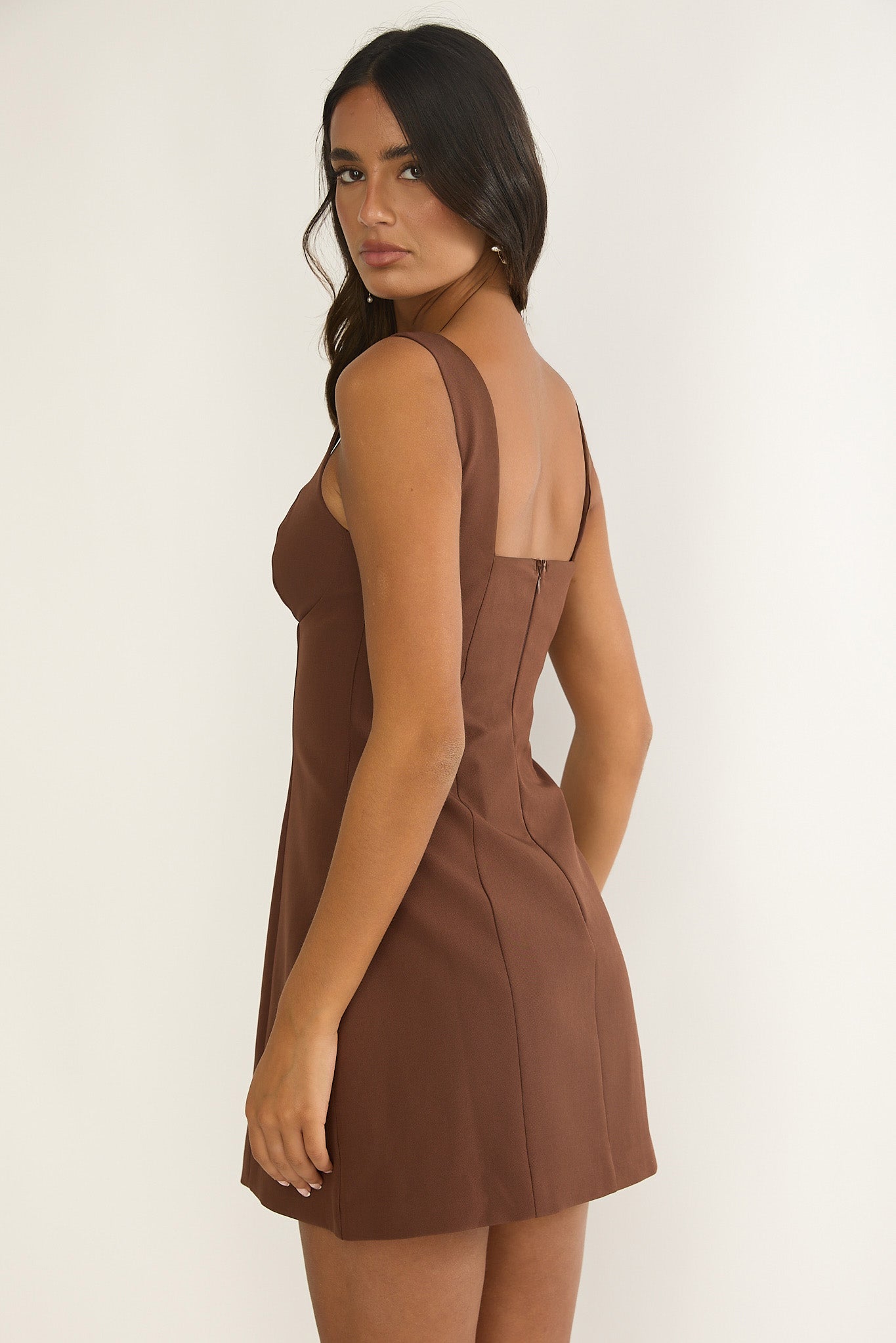 Saryna Square Neckline Mini Dress Coffee