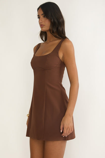 Saryna Square Neckline Mini Dress Coffee