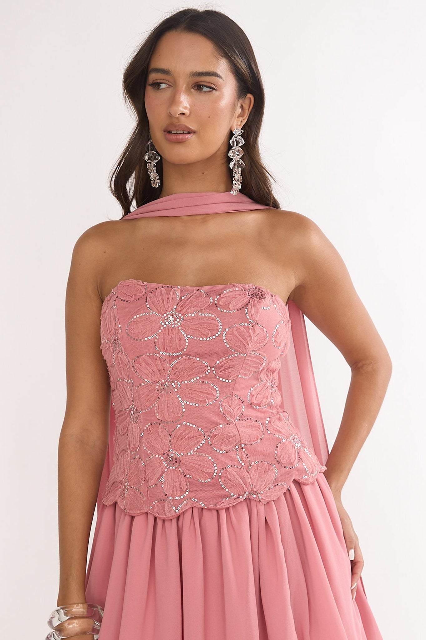 Sunset Serenade Embellished Strapless Top Rose