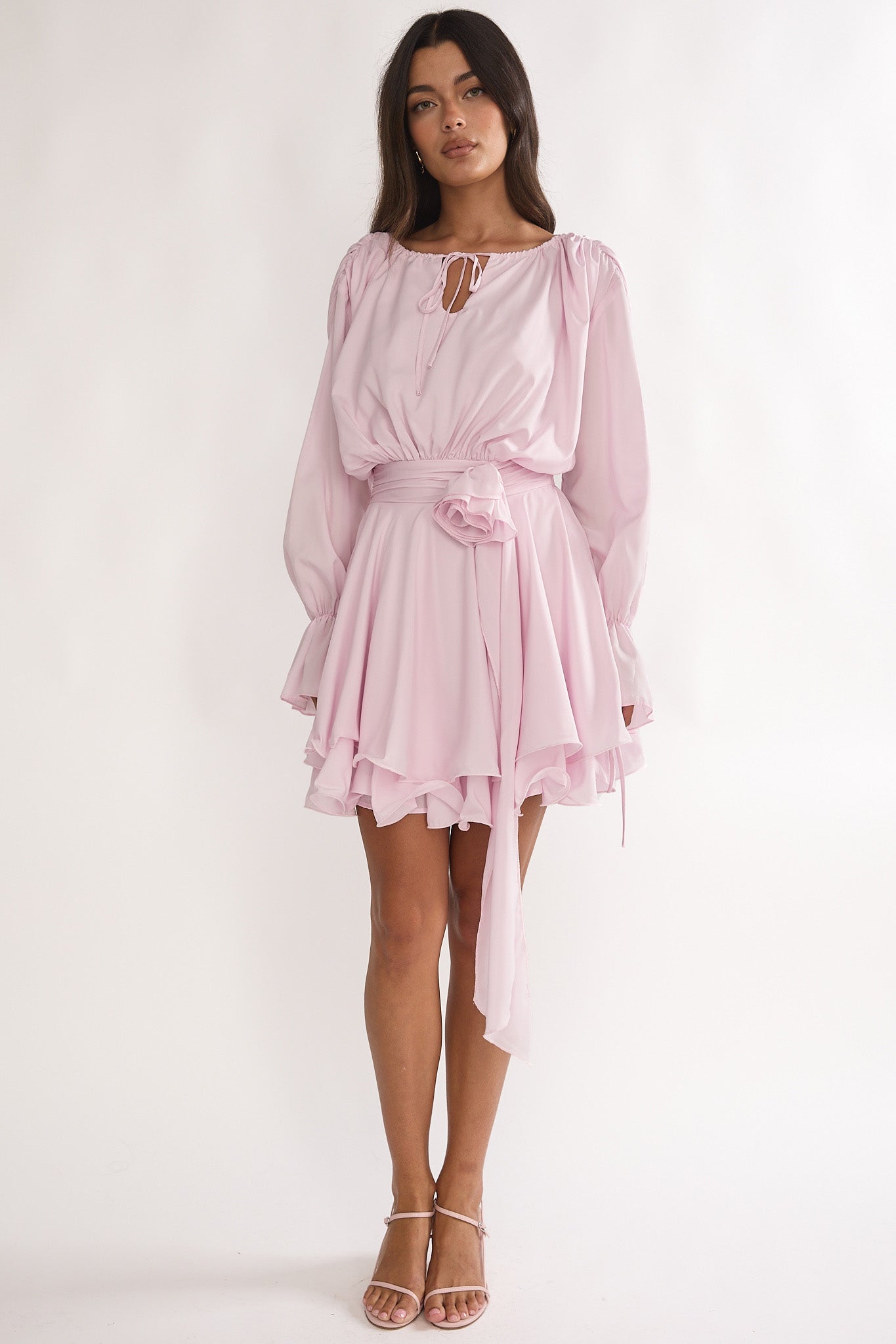 Maeva Long Balloon Sleeve Rosette Mini Dress Baby Pink
