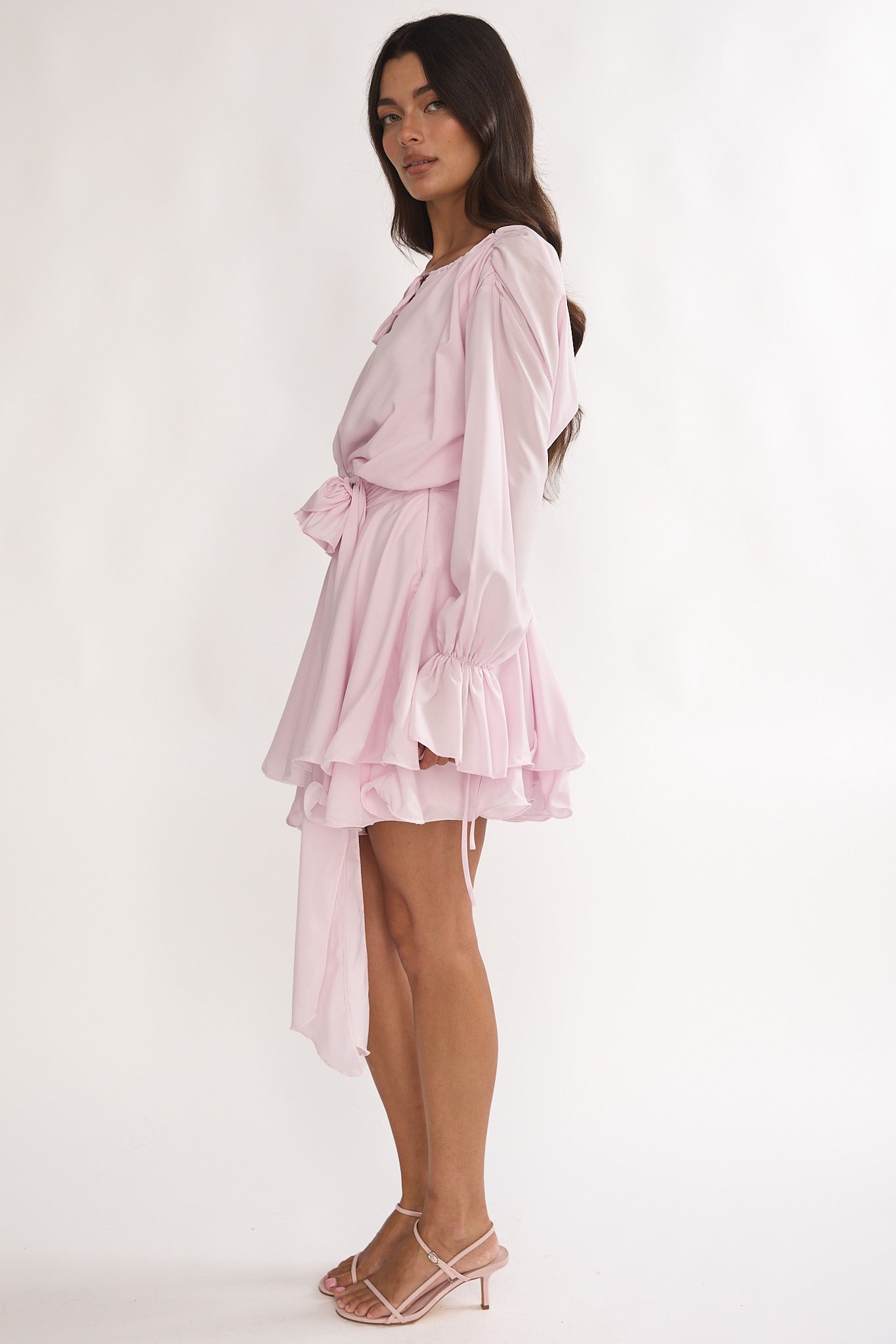Maeva Long Balloon Sleeve Rosette Mini Dress Baby Pink