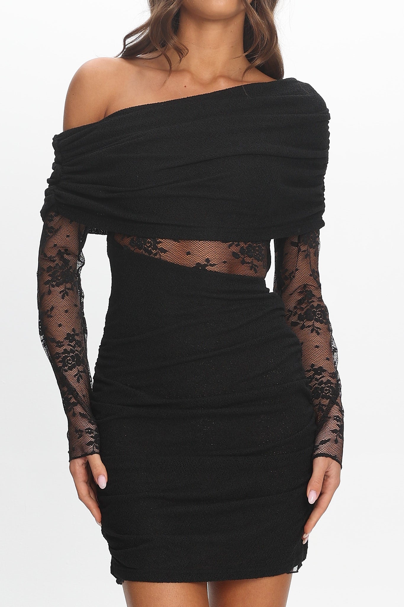 Kaylene Asymmetric Neckline Mini Dress Black