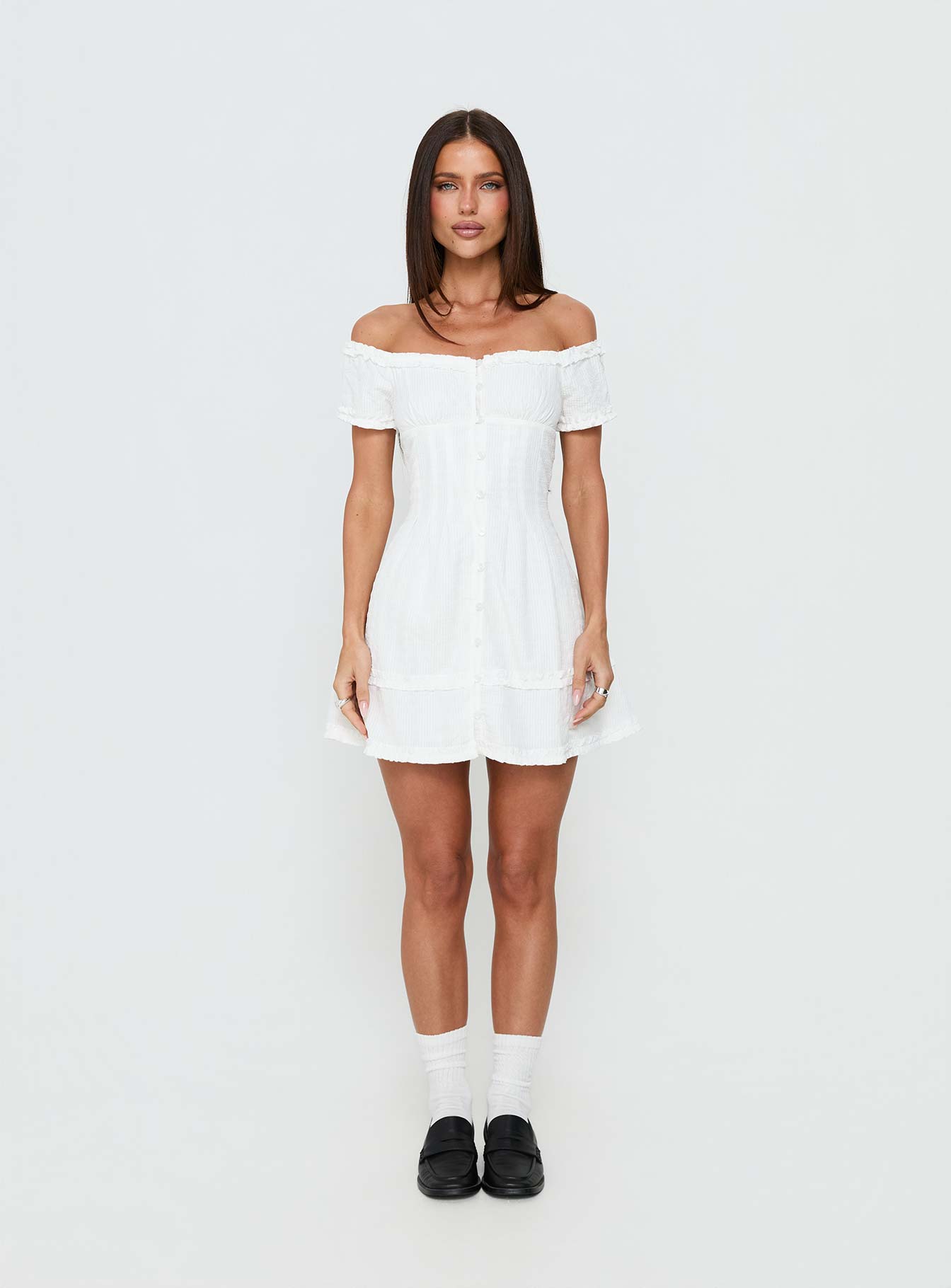Zoela Off Shoulder Ruffle Mini Dress White