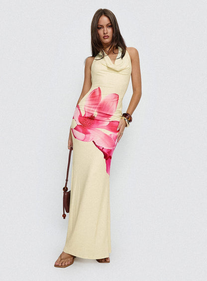 Raleina Halter Cowl Neck Maxi Dress Lemon Floral