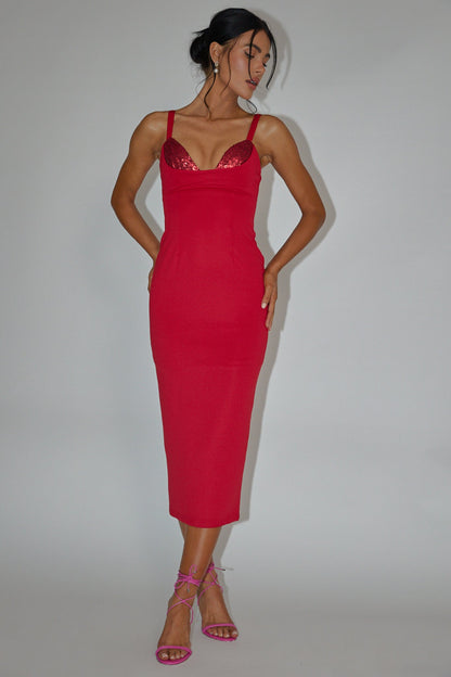 La Bellevilloise Sequin Bust Midi Dress Red