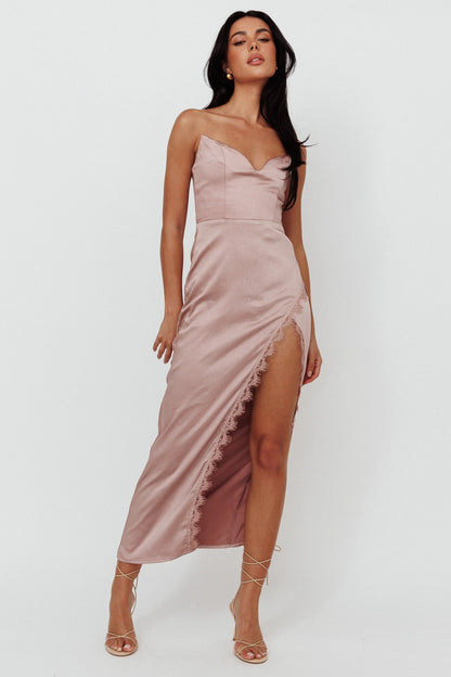 Winter Moon Strapless Lace Trim Midi Dress Dusty Pink