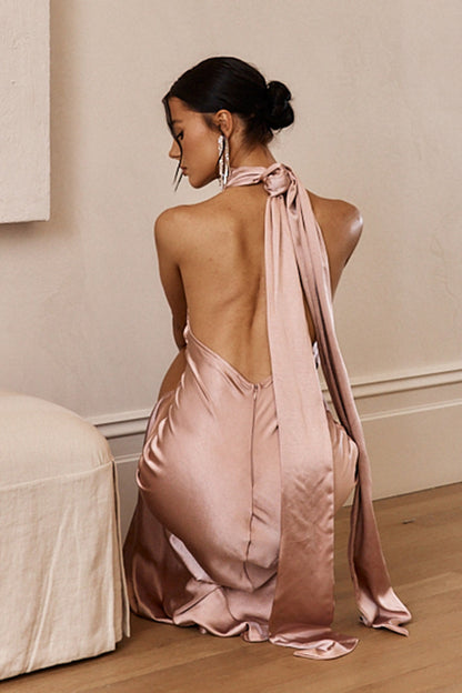 Lunar Eclipse Halterneck Satin Midi Dress Dusty Pink