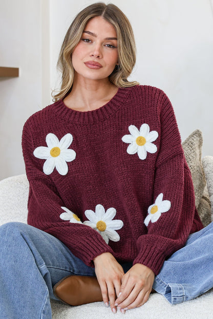 Amara Jumper - Crew Neck Floral Motif Knit with Ribbed Hemlines in Wine