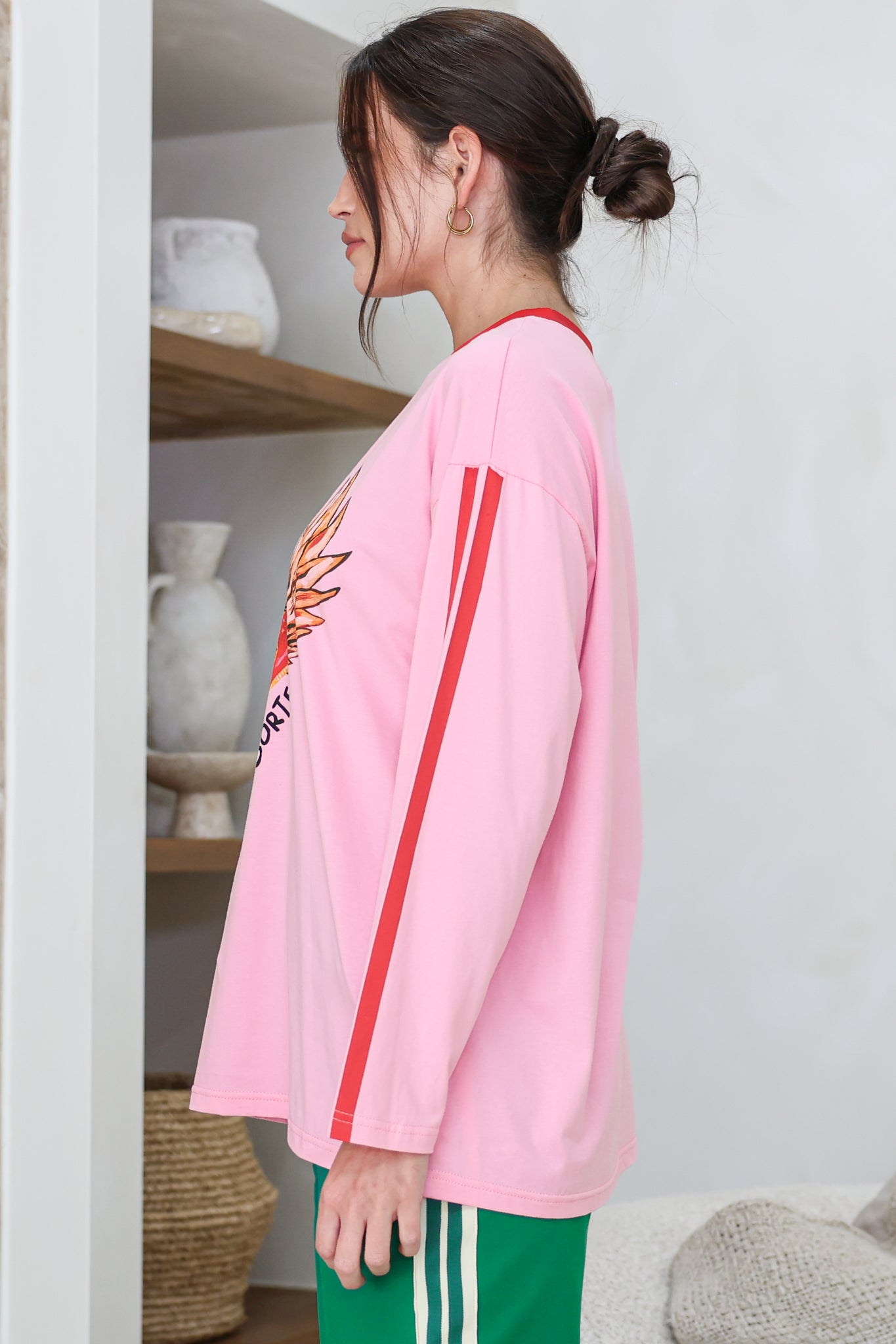 Amor E Sorte Long Sleeve Tee - Crew Neck Contrast Sport Stripe Graphic T-Shirt in Pink