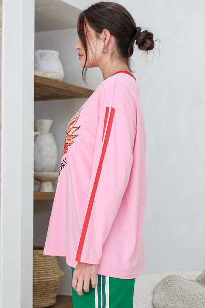 Amor E Sorte Long Sleeve Tee - Crew Neck Contrast Sport Stripe Graphic T-Shirt in Pink