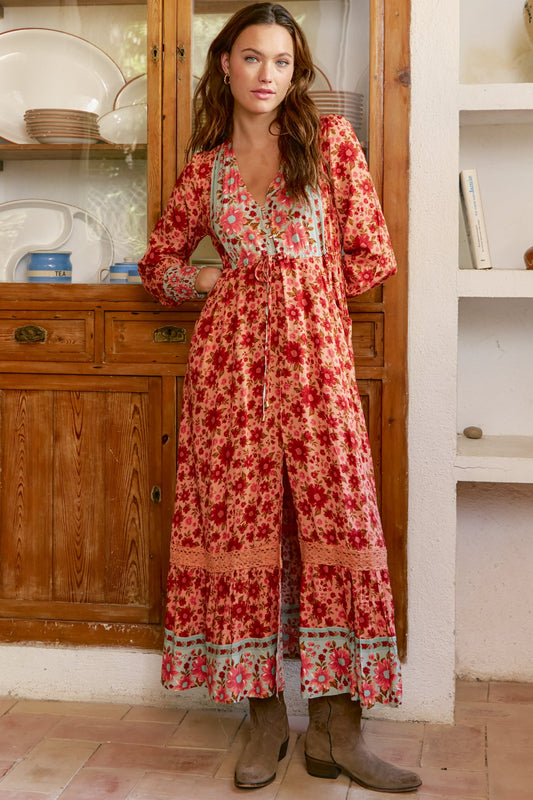 JAASE - Arlo Maxi Dress: V-Neck Pull Tie Waist Maxi With Pockets in Lillianna Print