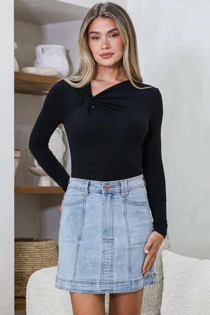 Astin Denim Mini Skirt - High Waisted Contrast Stitched A-Line Skirt in Light Denim