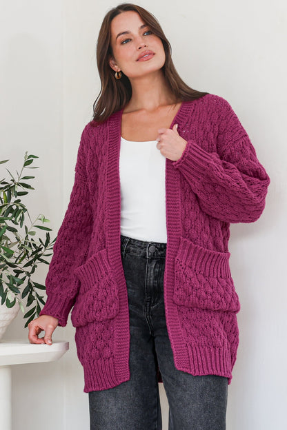 Attlee Cardigan - Chunky Open Cable Knit with Pockets and Rib Knit Trim in Grape