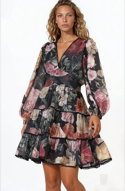 Audrey Mini Dress - Delicately Detailed Tiered A-Line Dress in Bortie Print Black