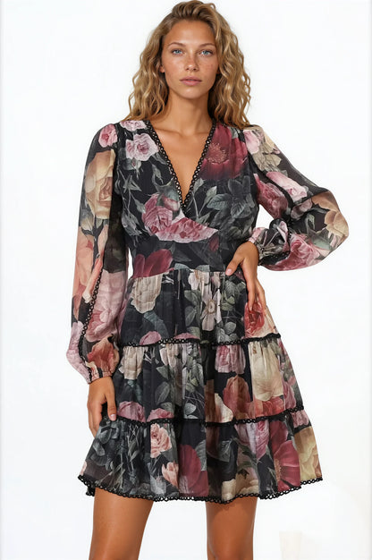 Audrey Mini Dress - Delicately Detailed Tiered A-Line Dress in Bortie Print Black