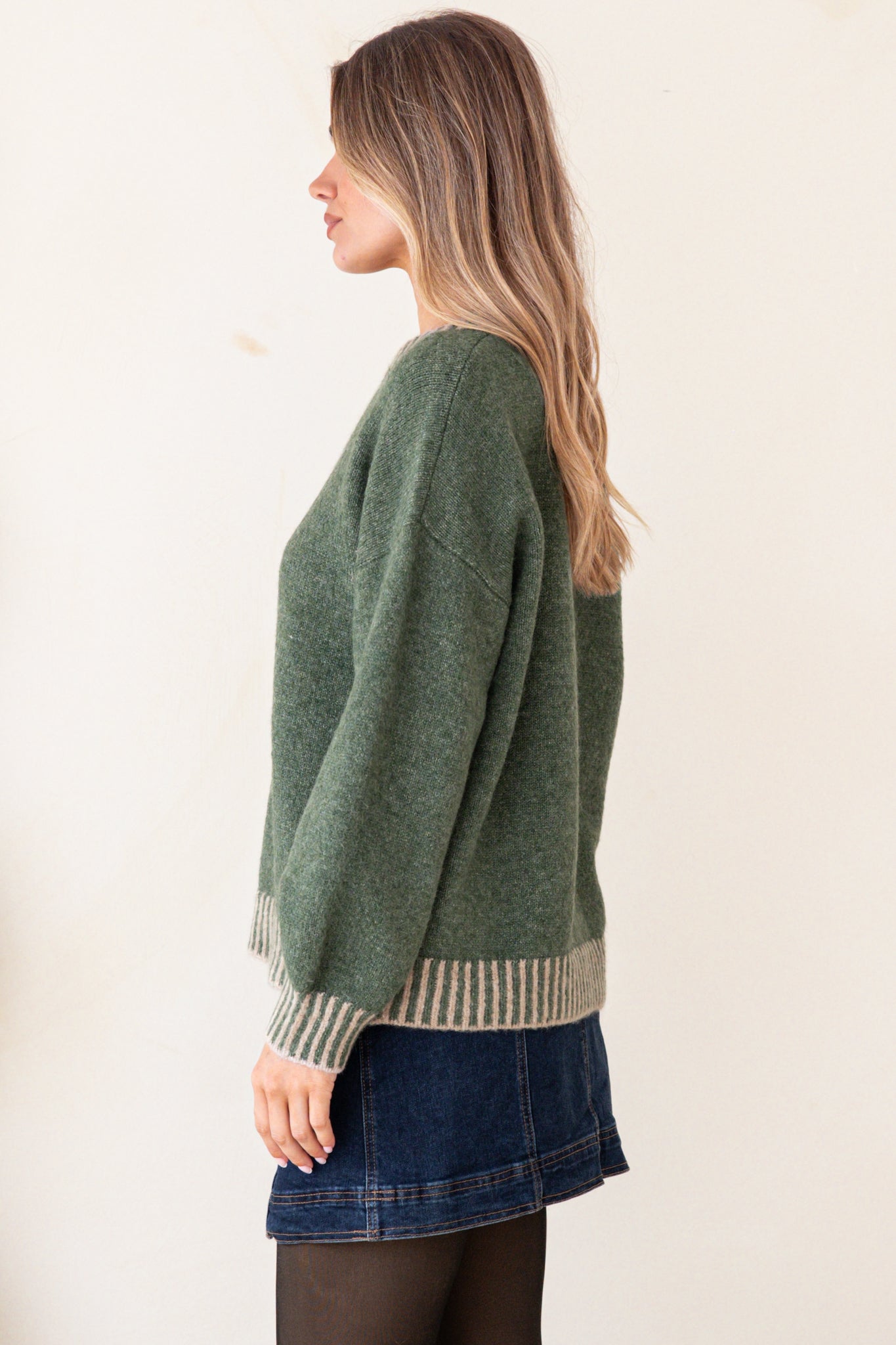 Aura Jumper - Crew Neck Jumper with Contrast Stripe Trim in Dark Green