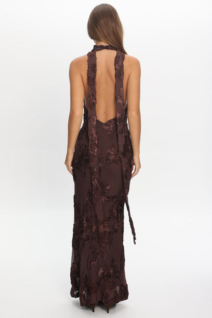 Cipriana Backless Halter Maxi Dress Embellished Brown