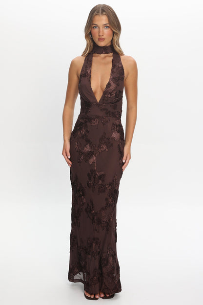 Cipriana Backless Halter Maxi Dress Embellished Brown