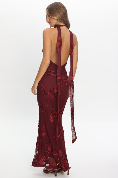 Cipriana Backless Halter Maxi Dress Embellished Wine