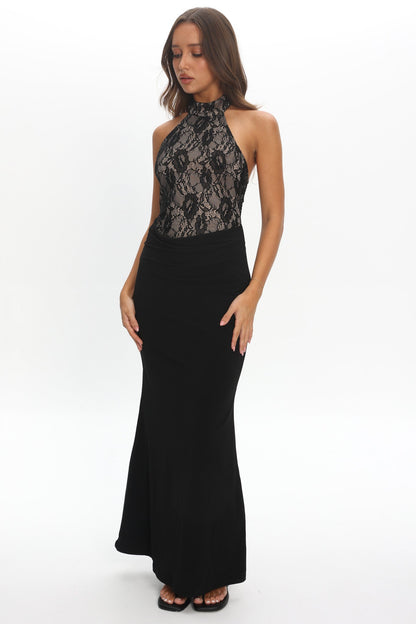 Lovelight Lace Bodice Halter Maxi Dress Black