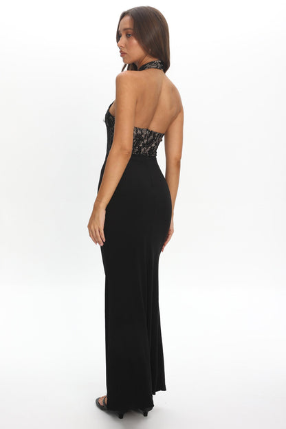 Lovelight Lace Bodice Halter Maxi Dress Black
