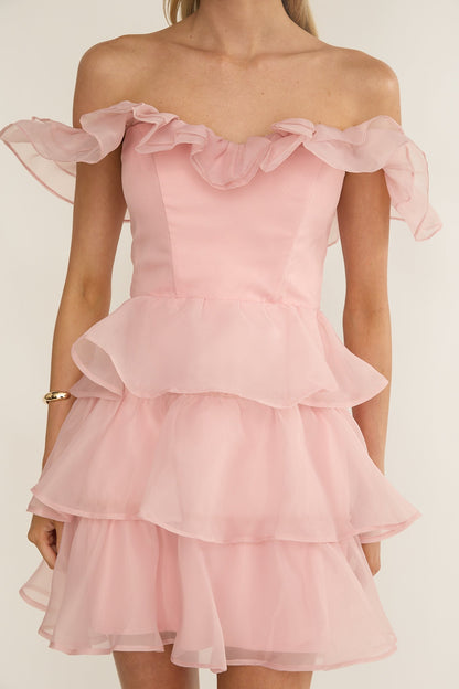 Rosira Off-Shoulder Ruffle Mini Dress Pink