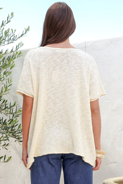 Baha Knit Top - Relaxed V Neck Cotton Knit with Short Sleeves in White
