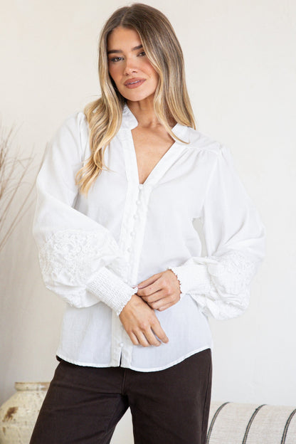 Beldon Blouse -High Mandarin Collar Button Down with Lace Motif Balloon Sleeves and Thick Shirred Cuffs in White
