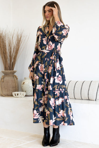 Bonham Maxi Dress - Mandarin Collar Front Button Placket Dress with Belt in Brighton Print