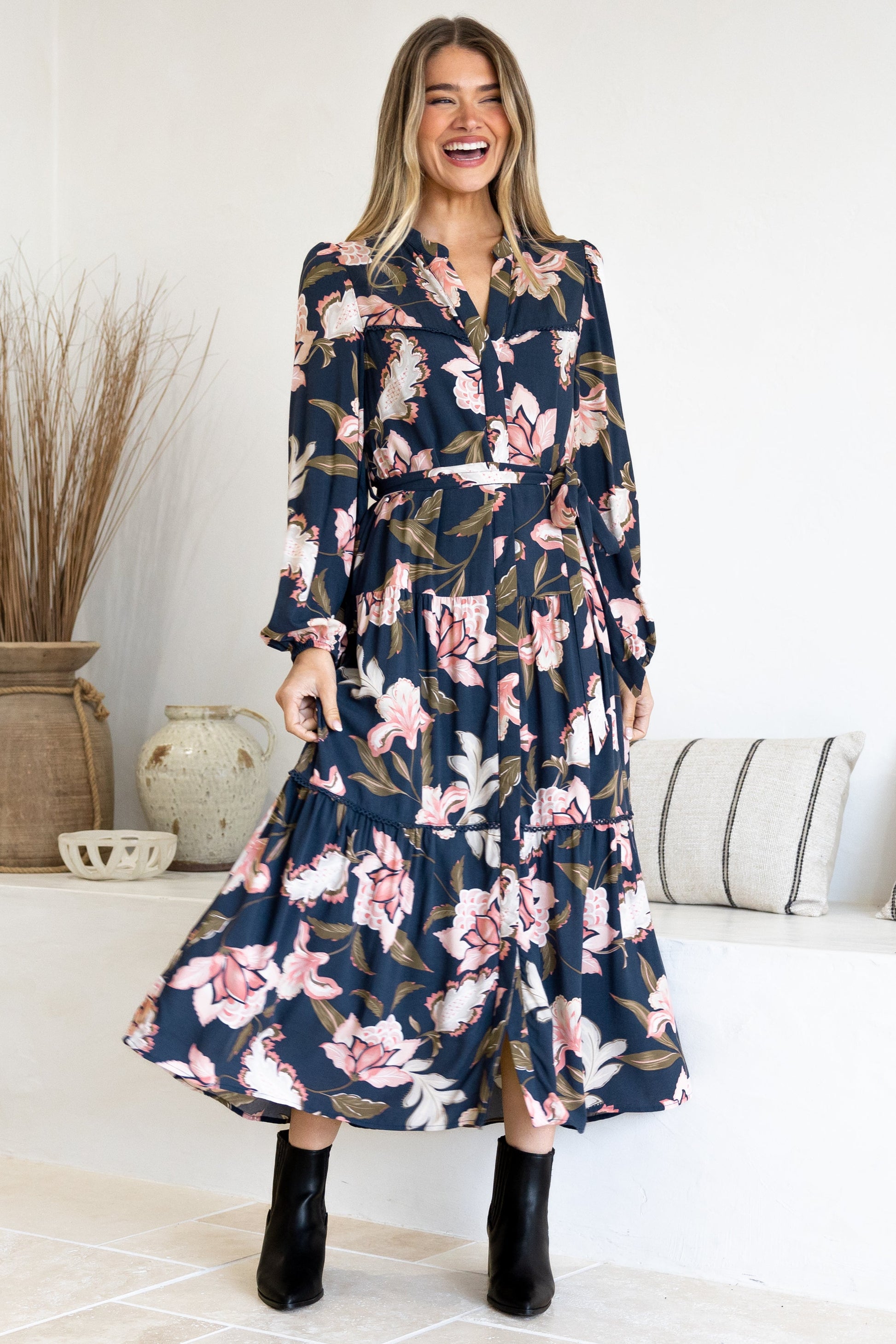 Bonham Maxi Dress - Mandarin Collar Front Button Placket Dress with Belt in Brighton Print