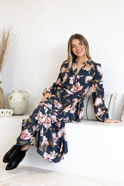 Bonham Maxi Dress - Mandarin Collar Front Button Placket Dress with Belt in Brighton Print