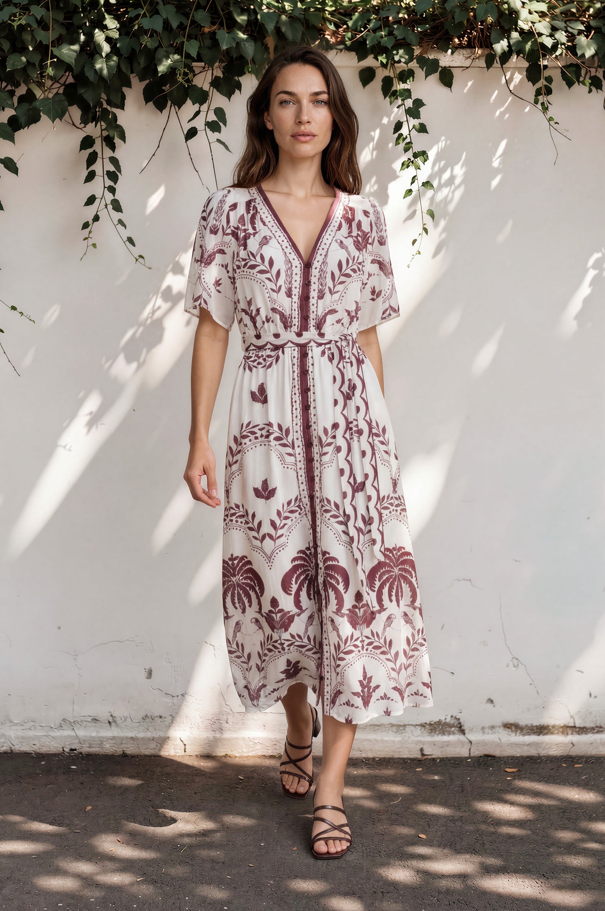 Kaitlyn Midi Dress - V-Neckline Dress with Short Flutter Sleeves in  Maisy Print Wine