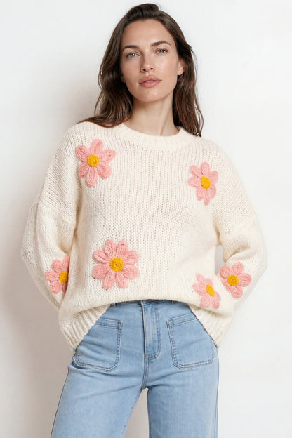 Amara Jumper - Crew Neck Floral Motif Knit with Ribbed Hemlines in White