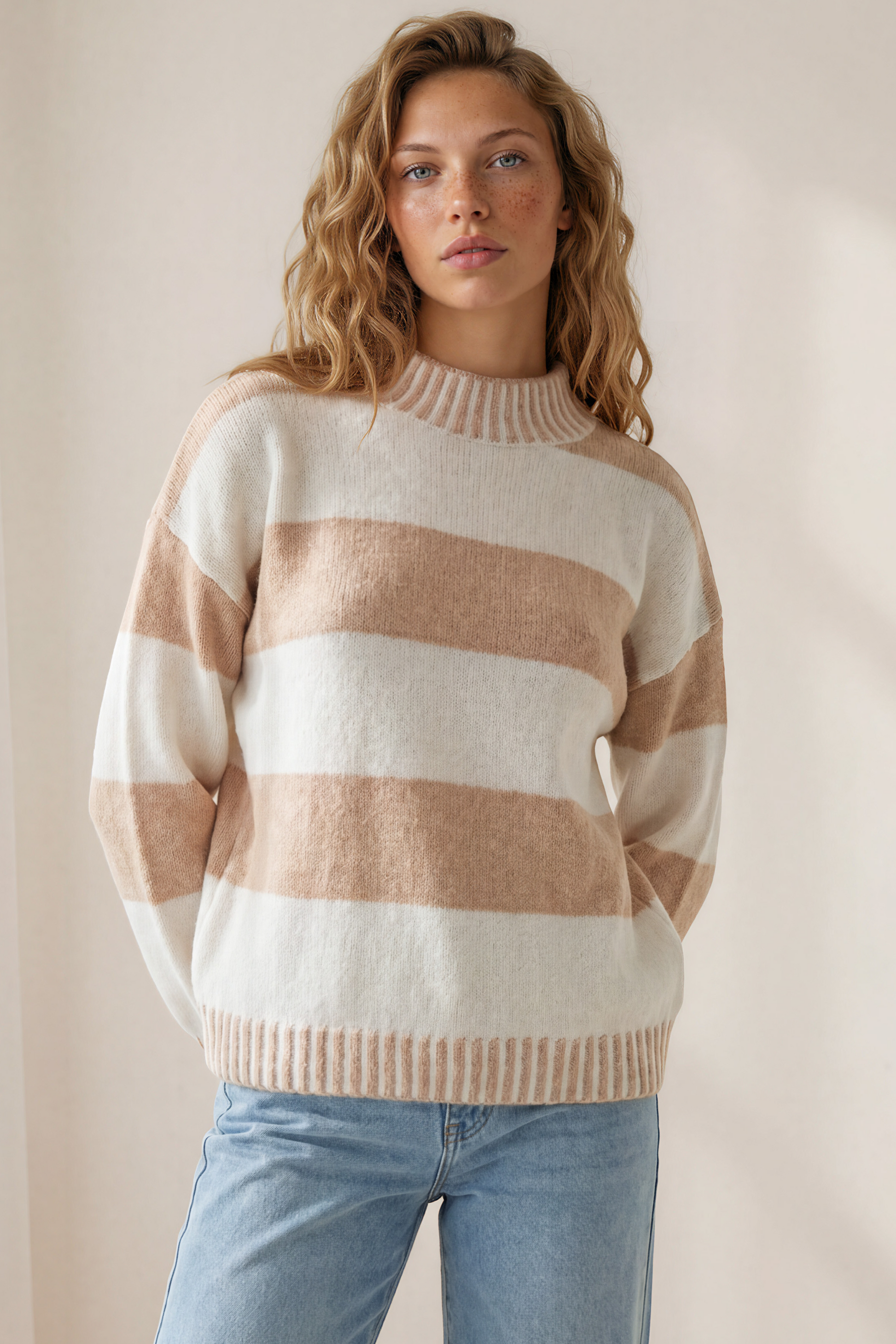 Janie Jumper - Mock Neck Striped Jumper with Contrast Stripe Hemlines in Cream