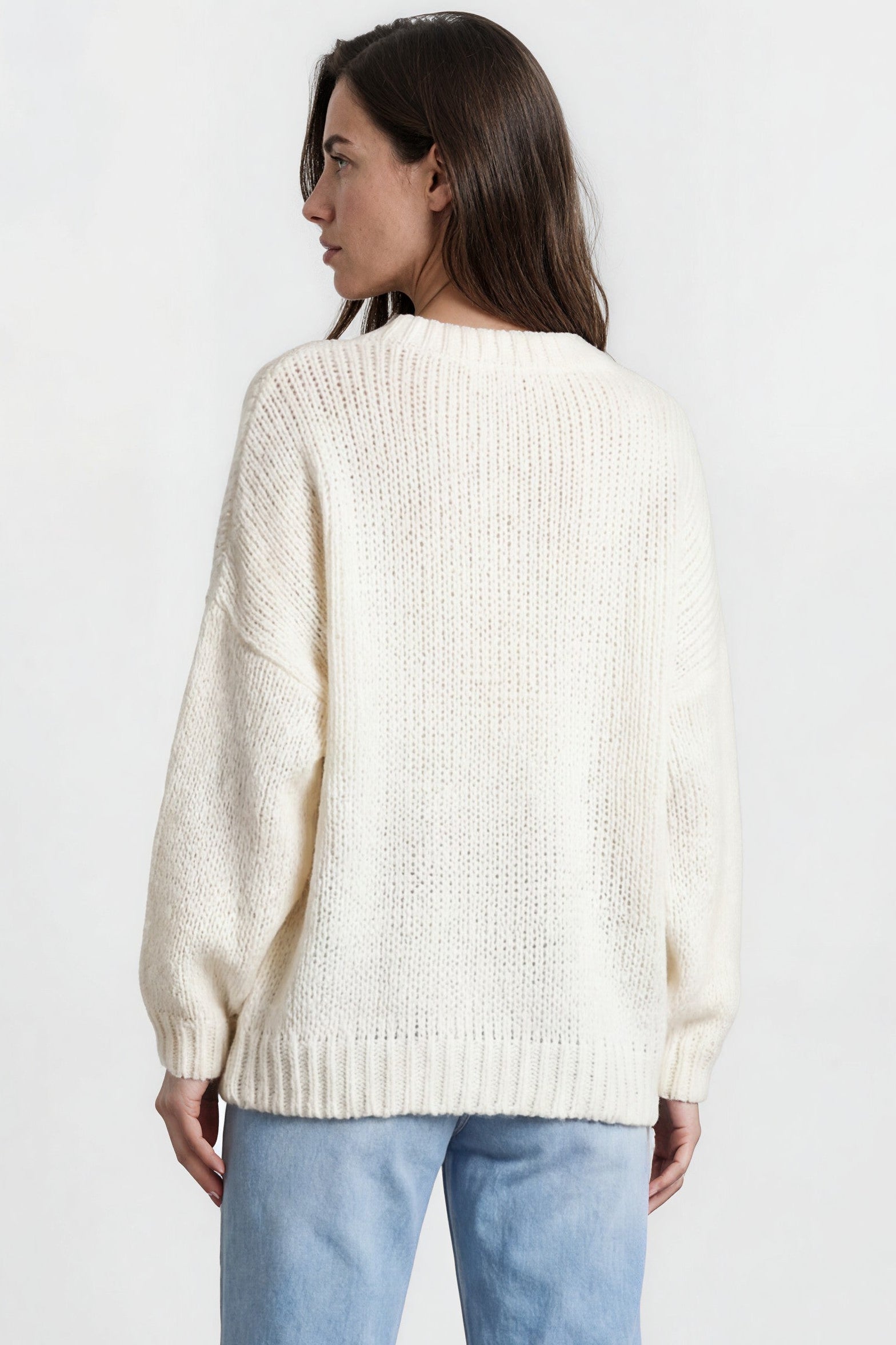 Amara Jumper - Crew Neck Floral Motif Knit with Ribbed Hemlines in White