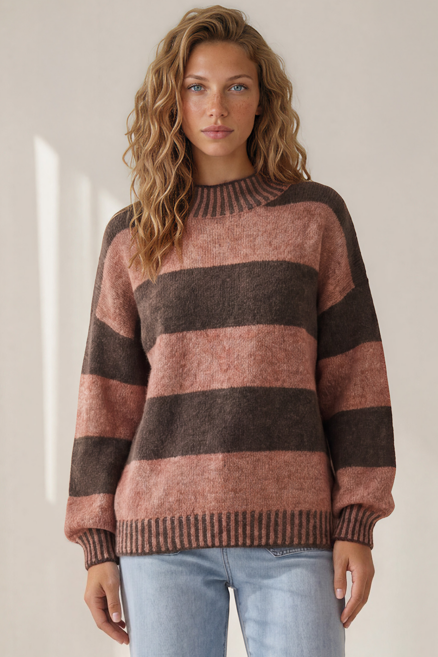 Janie Jumper - Mock Neck Striped Jumper with Contrast Stripe Hemlines in Tobacco