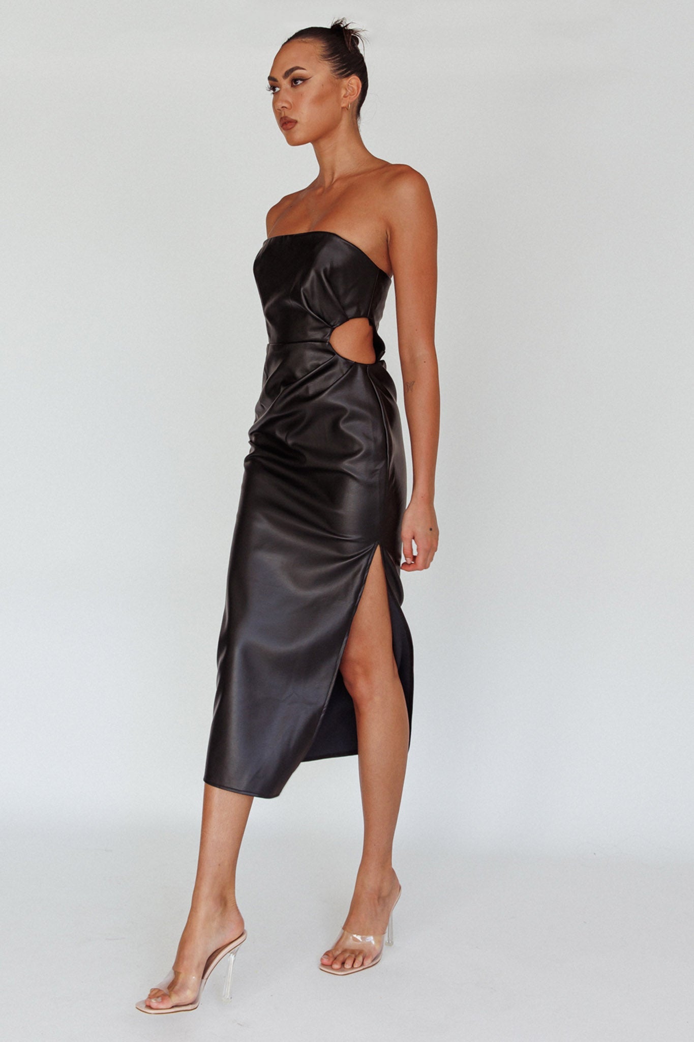 Taking Bets Strapless Midi Dress Leather Black