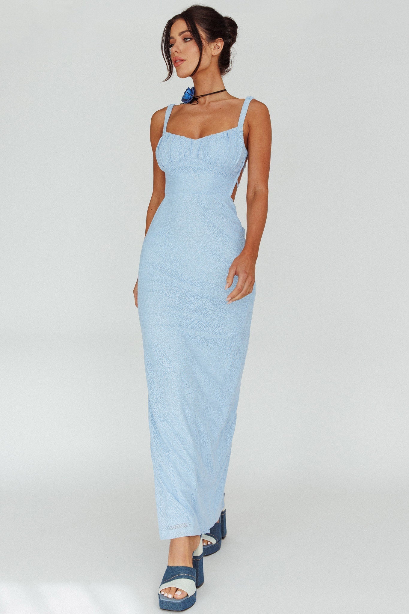 Dream Crush Lace-Up Back Mesh Overlay Midi Dress Blue