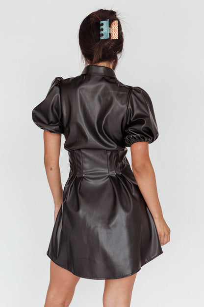 Zurich Pleated Waist Shirt Dress Faux Leather Black