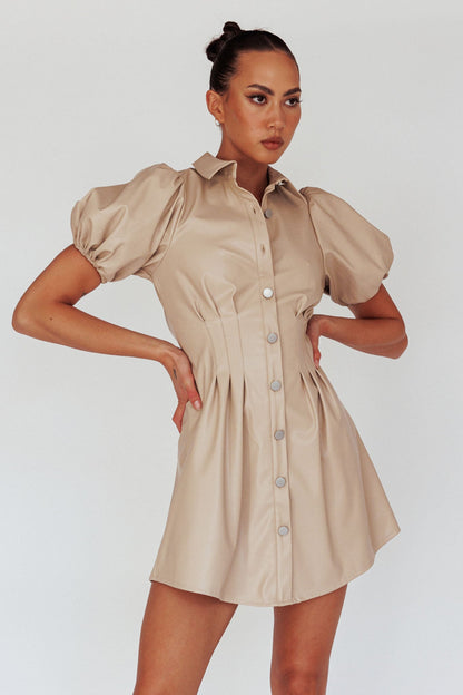Zurich Pleated Waist Shirt Dress Faux Leather Nude