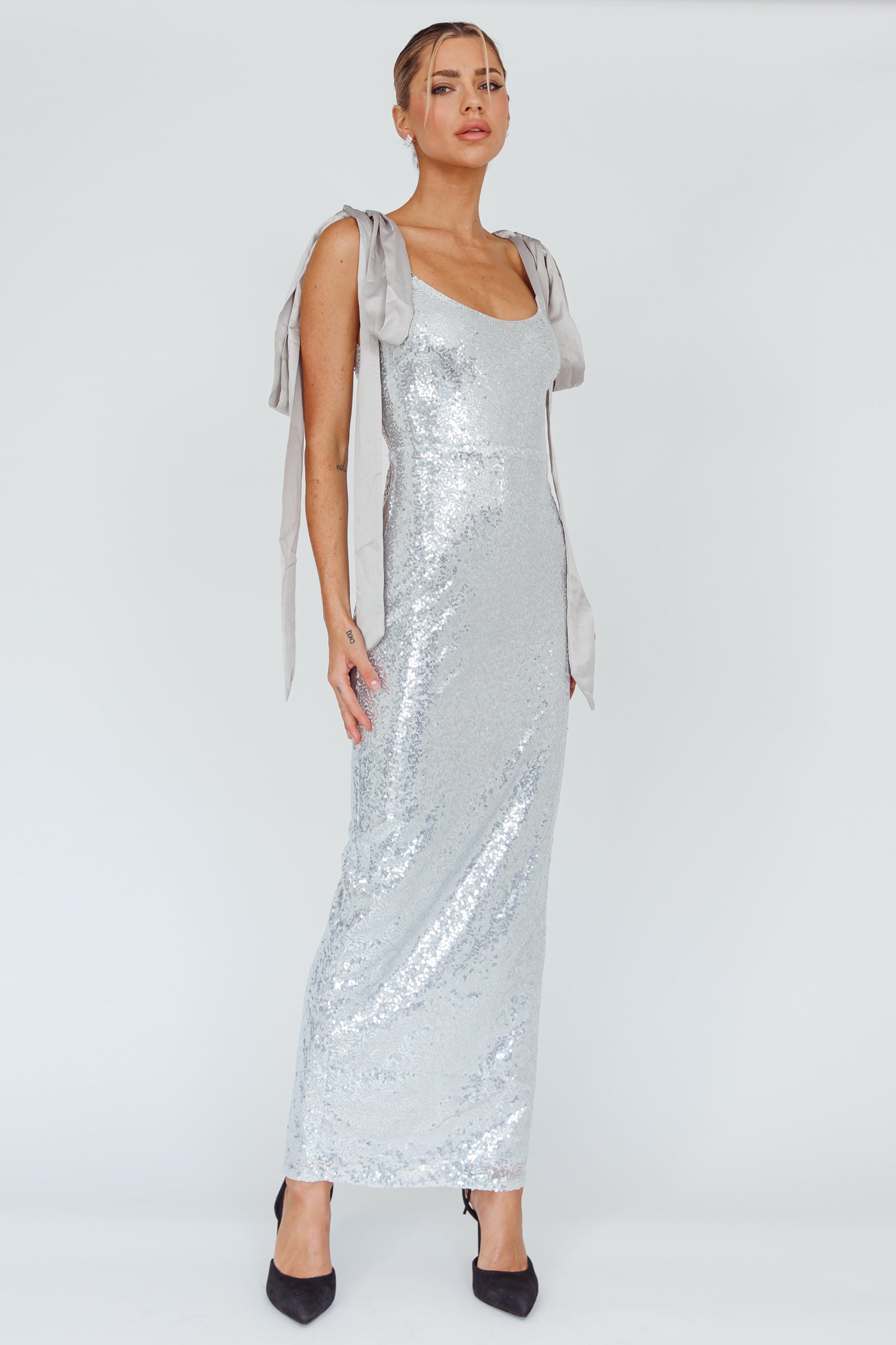 Birthday Wish Tied Shoulder Sequin Maxi Dress Silver
