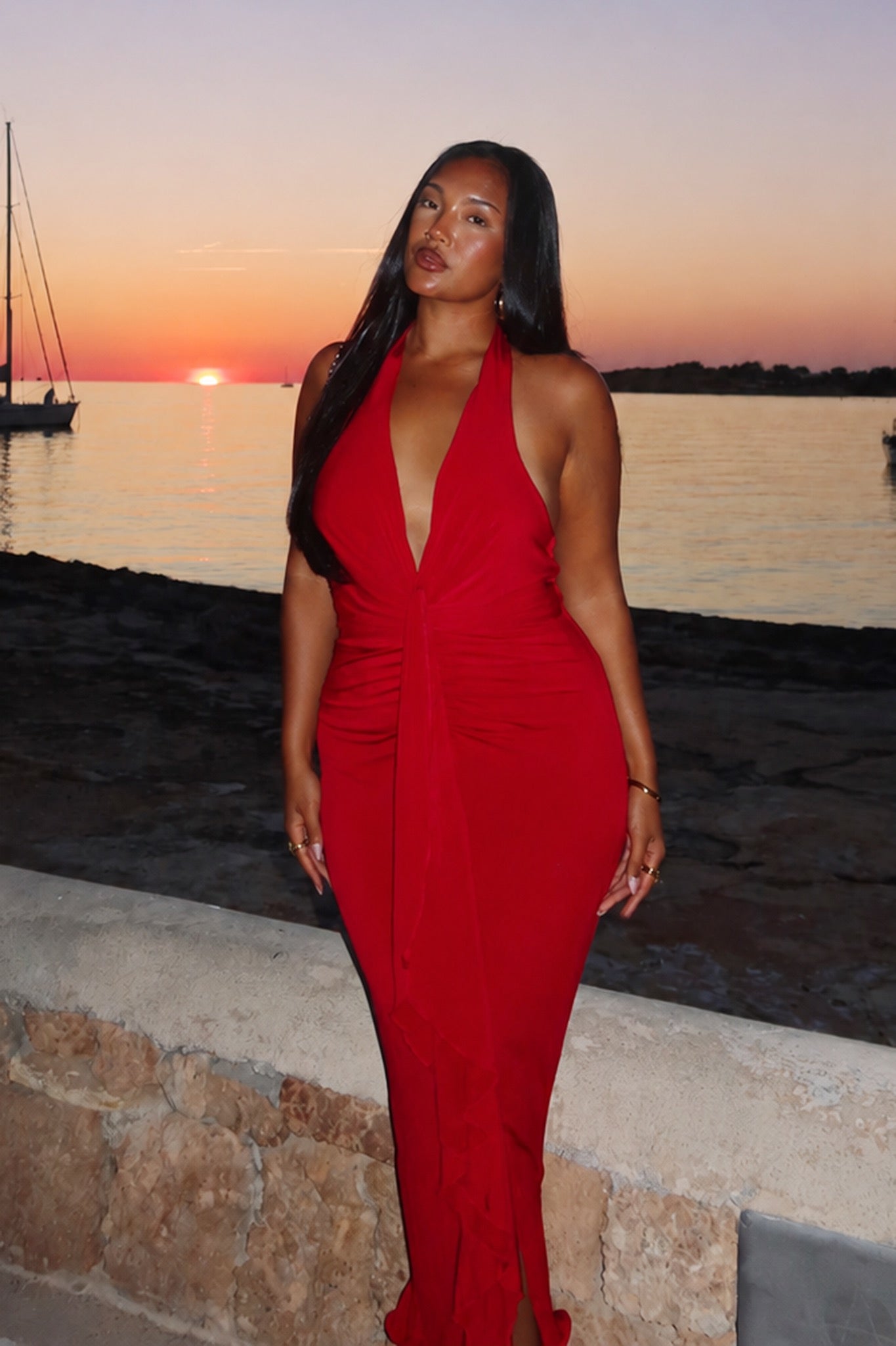 Ray Of Light Ruched Halterneck Maxi Dress Wine