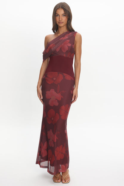 Milos Asymmetric Neckline Maxi Dress Floral Grape