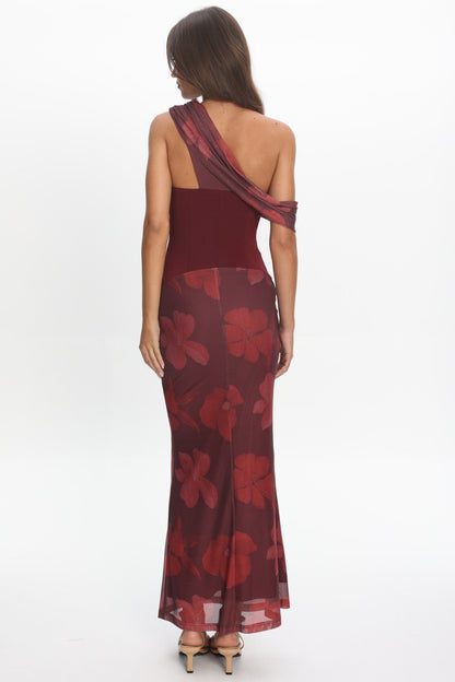 Milos Asymmetric Neckline Maxi Dress Floral Grape