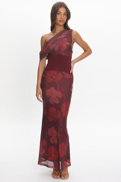 Milos Asymmetric Neckline Maxi Dress Floral Grape