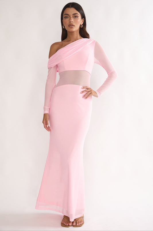 Milos Asymmetric Neckline Long Sleeve Maxi Dress Pink