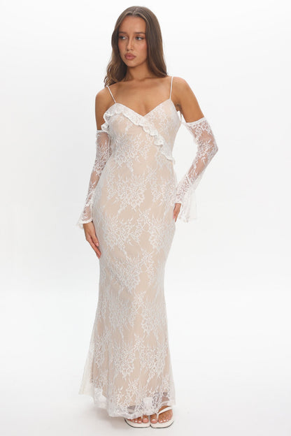 Zarah Off-Shoulder Sleeve Lace Maxi Dress White