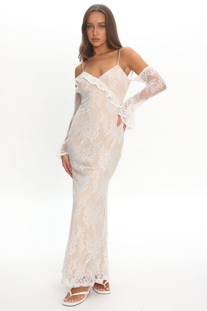 Zarah Off-Shoulder Sleeve Lace Maxi Dress White