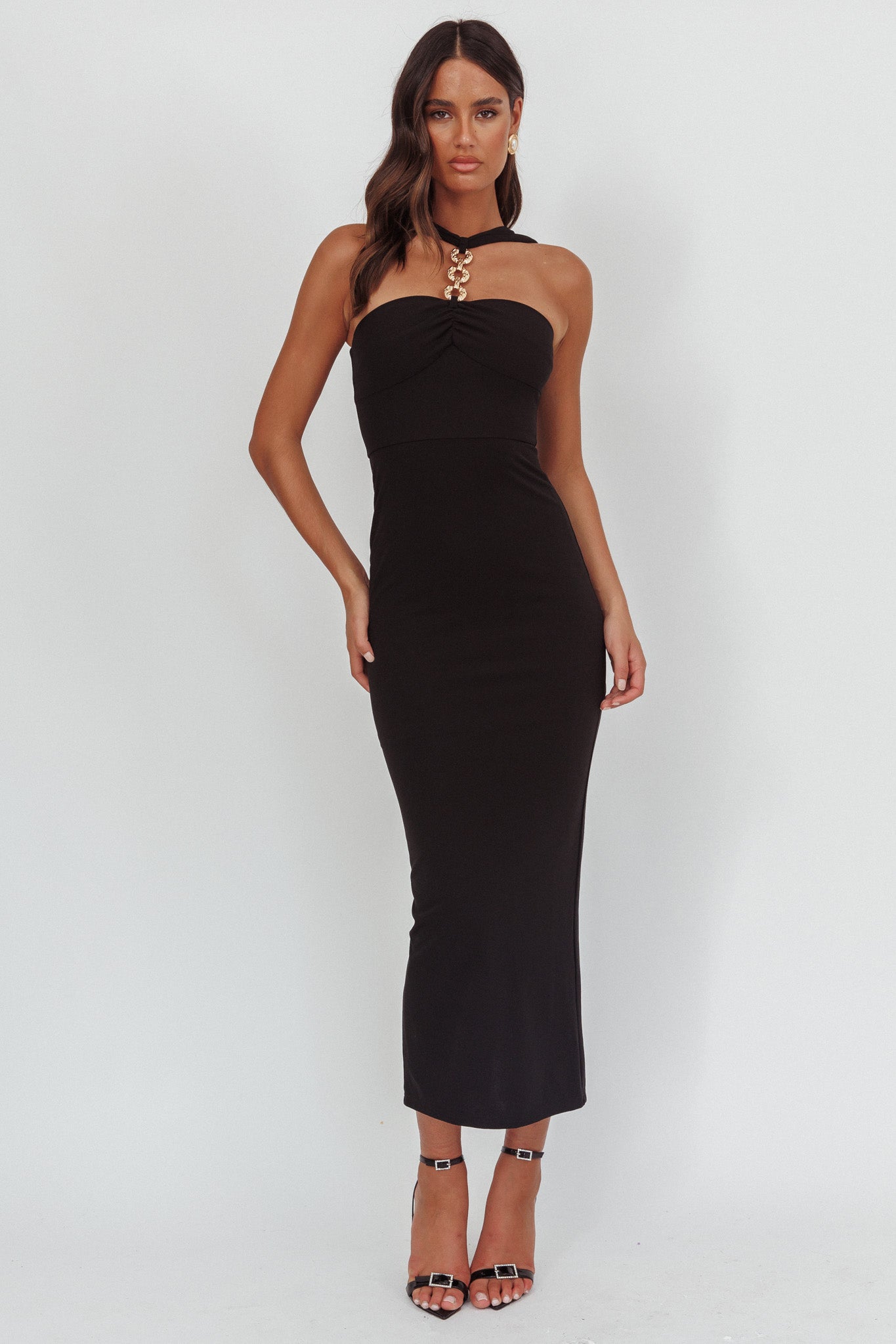 Maretha Gold Link Neckline Maxi Dress Black
